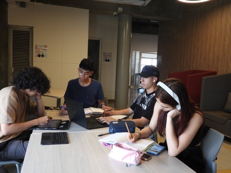 Grupo de chicos estudiando en la biblioteca
