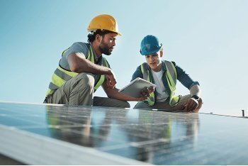 Dos trabajadores de la construcción con cascos y chalecos de seguridad revisan una tablet en una azotea, en primer plano unos paneles solares oscuros y un cielo azul despejado.