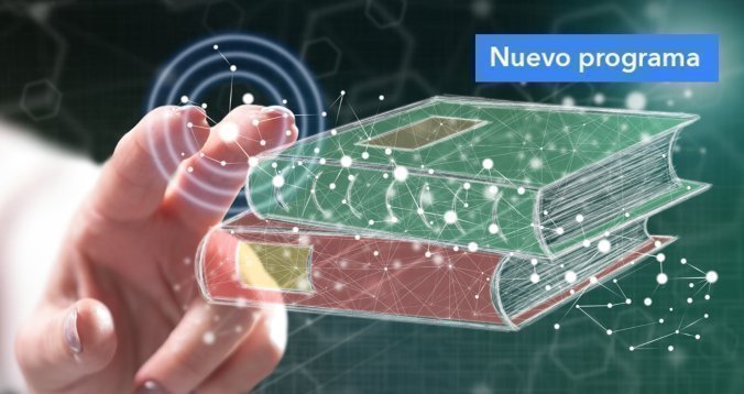 Mano tocando libros 3D congiunto de redes y tecnología, con etiqueta 